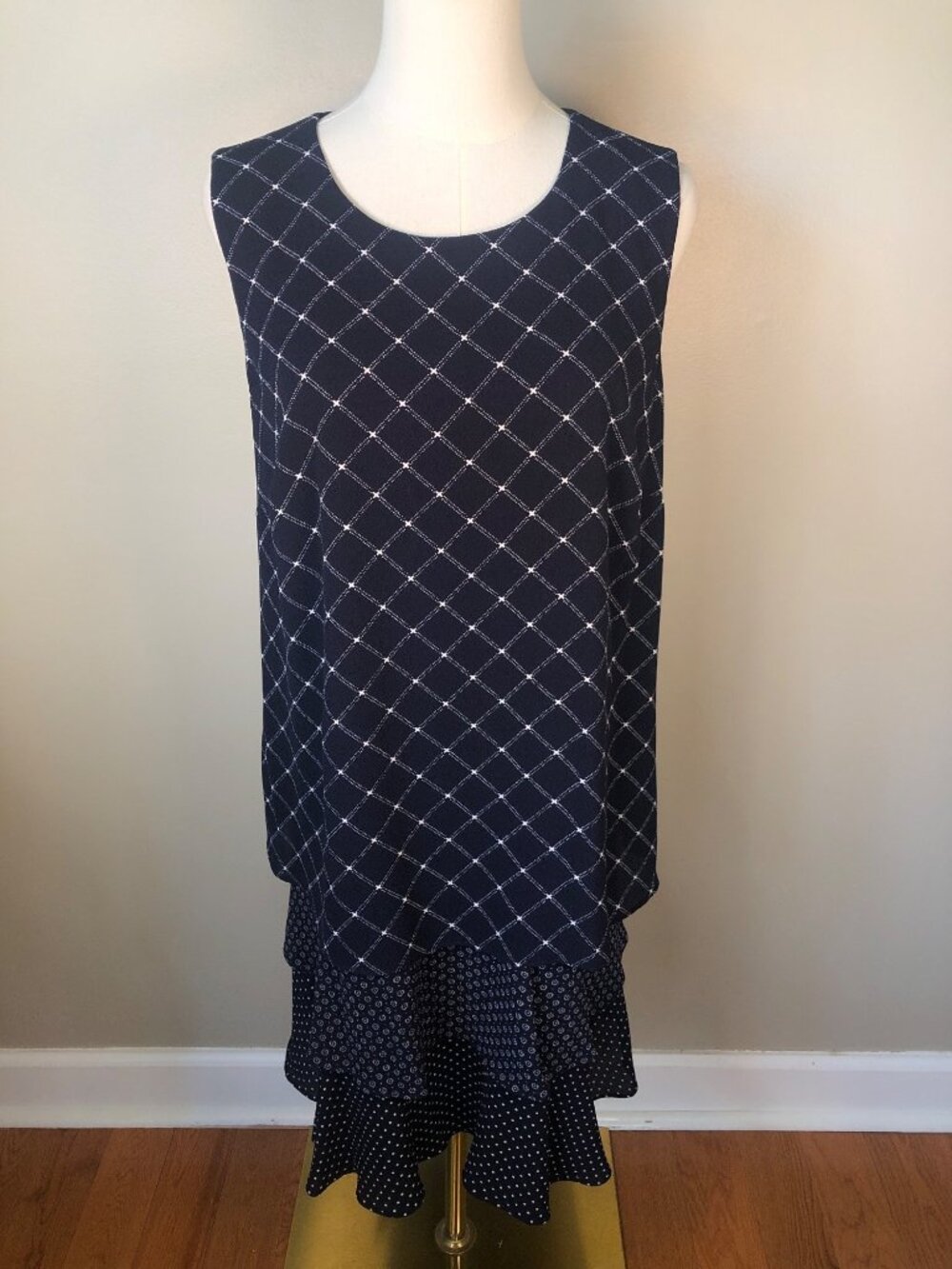 Lauren Ralph Lauren Sleeveless Navy Tiered Shift Dress Preppy Coastal Boho Sz 16